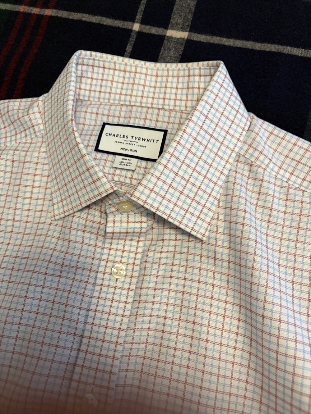 Charles Tyrwhitt White Dress Shirt with Red and Blue Windowpane Check
